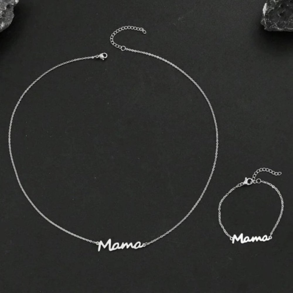 1pc Stainless Steel MAMA Necklace & 1pc Chain Bracelet For Women Mother's Day - Picture 2 of 3